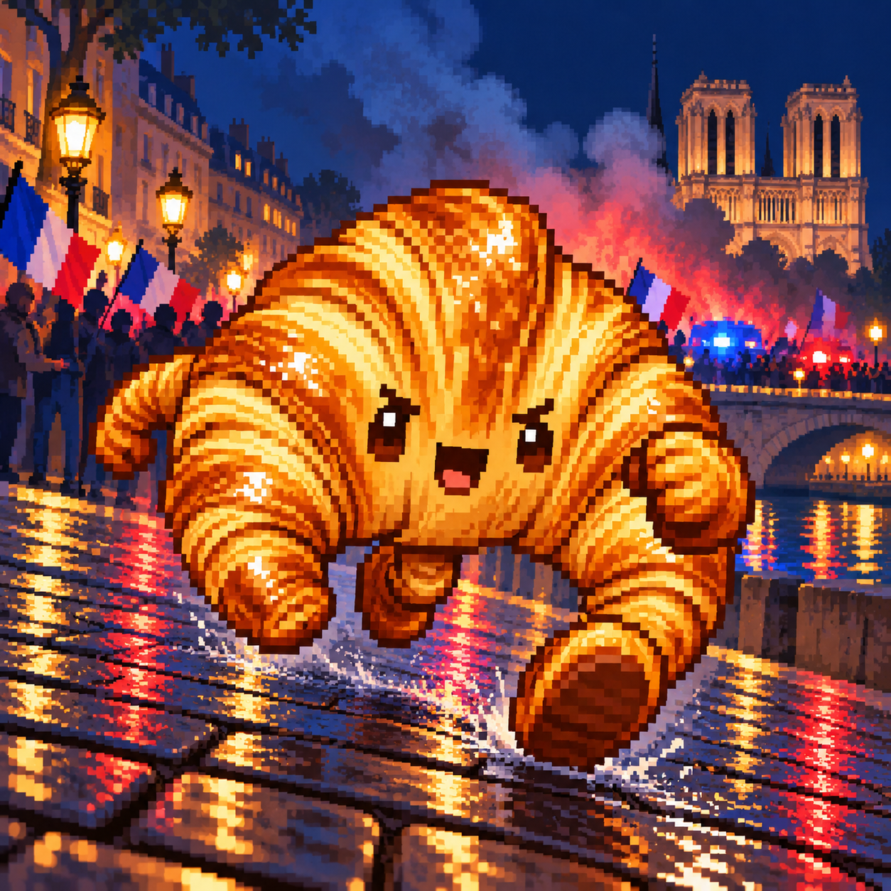 Pixel-art croissant running beside the Seine at night with Notre-Dame in the background