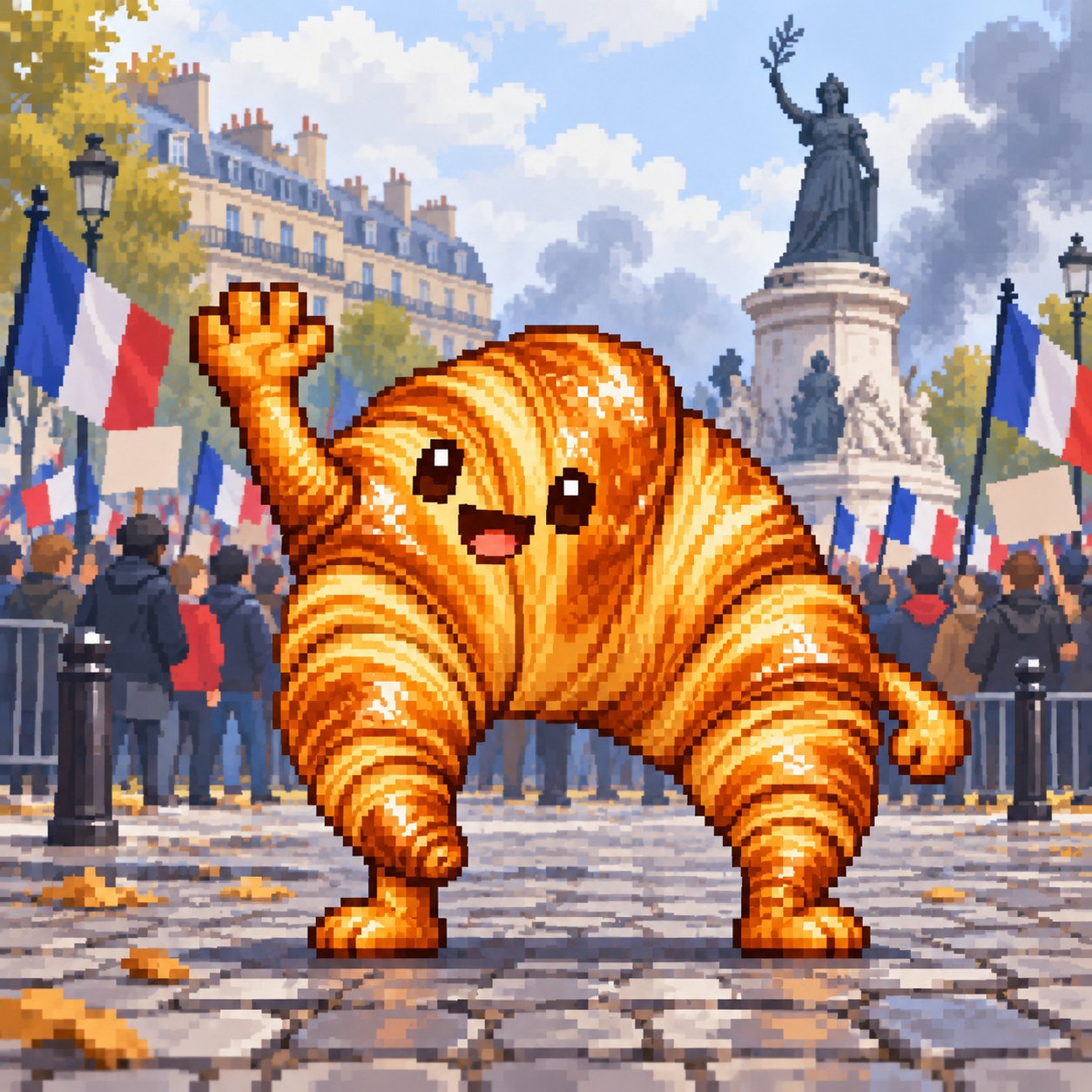 Smiling pixel-art croissant waving in Place de la République