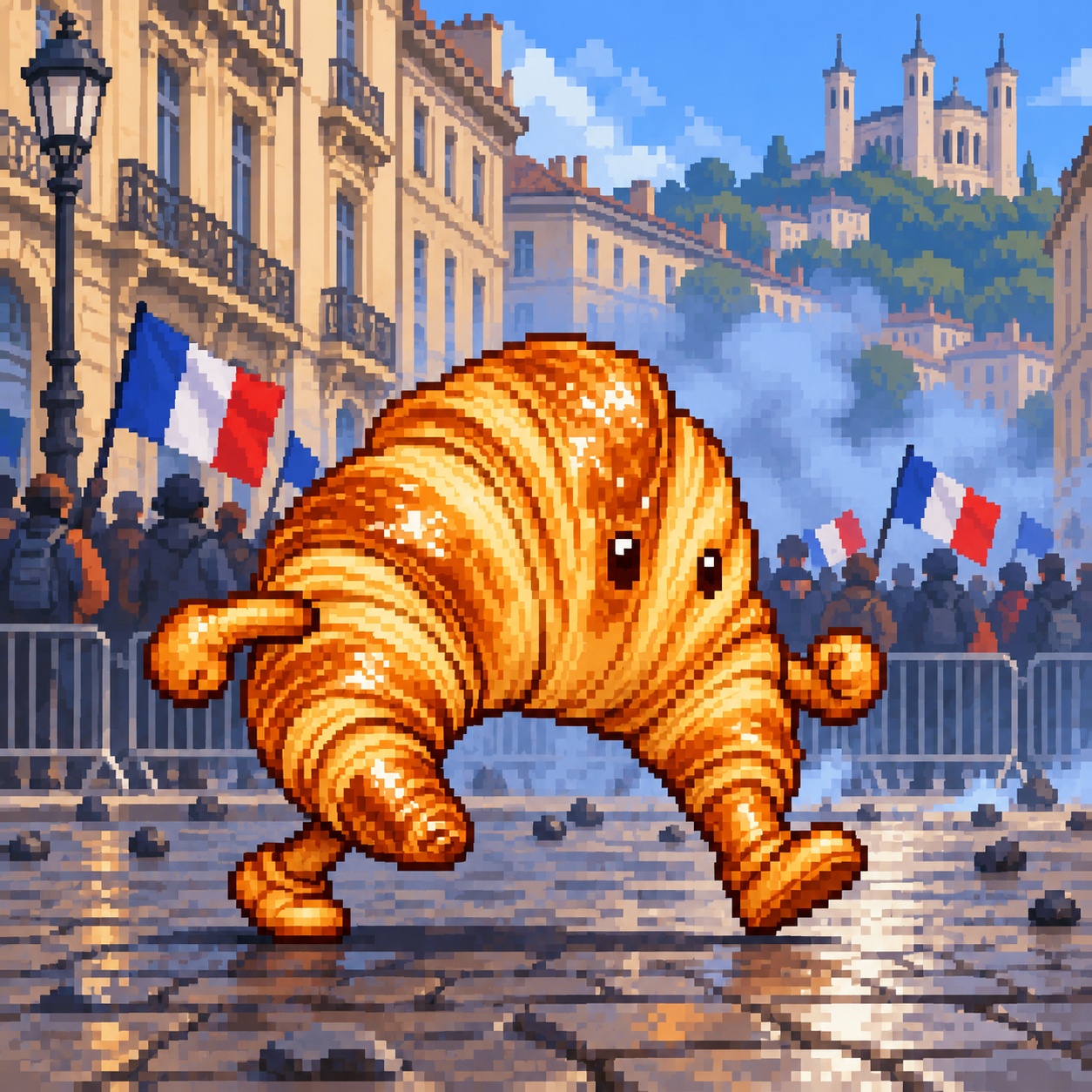Pixel-art croissant running through a French street lined with flags